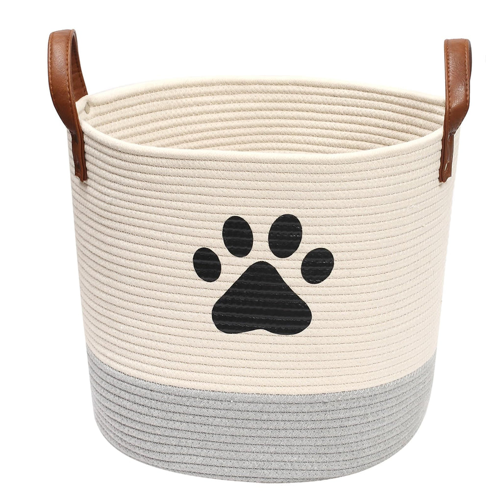 Cotton rope dog toy basket puppy bins laundry basket blanket storage bin - Perfect for organizing pet toys blankets leashes White Gray